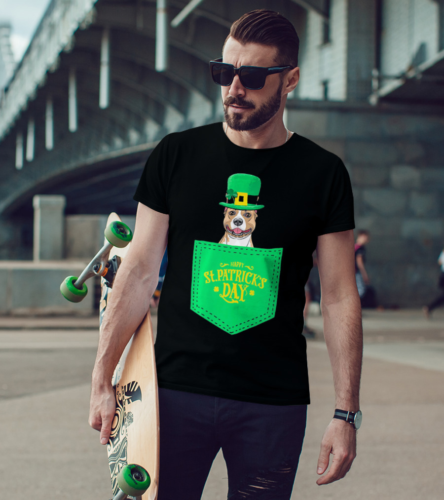 Happy St. Patrick's Day Pitbull Dog In Pocket T-Shirt