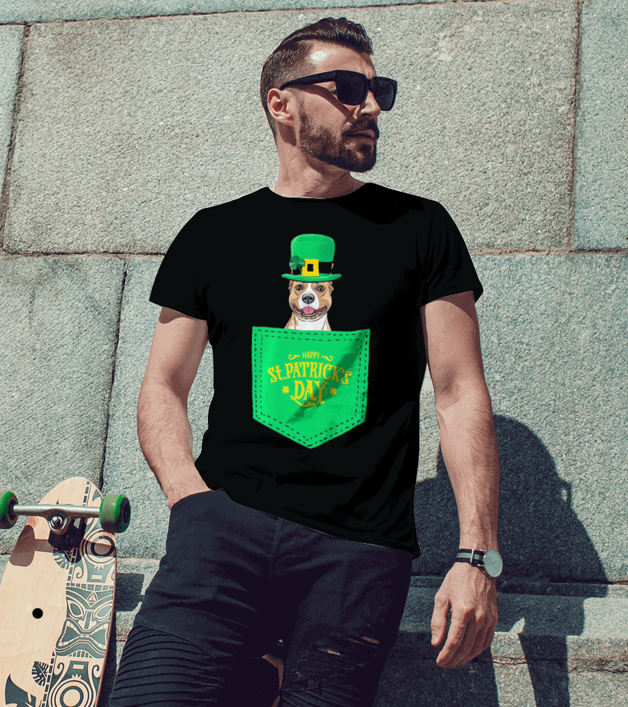 Happy St. Patrick's Day Pitbull Dog In Pocket T-Shirt