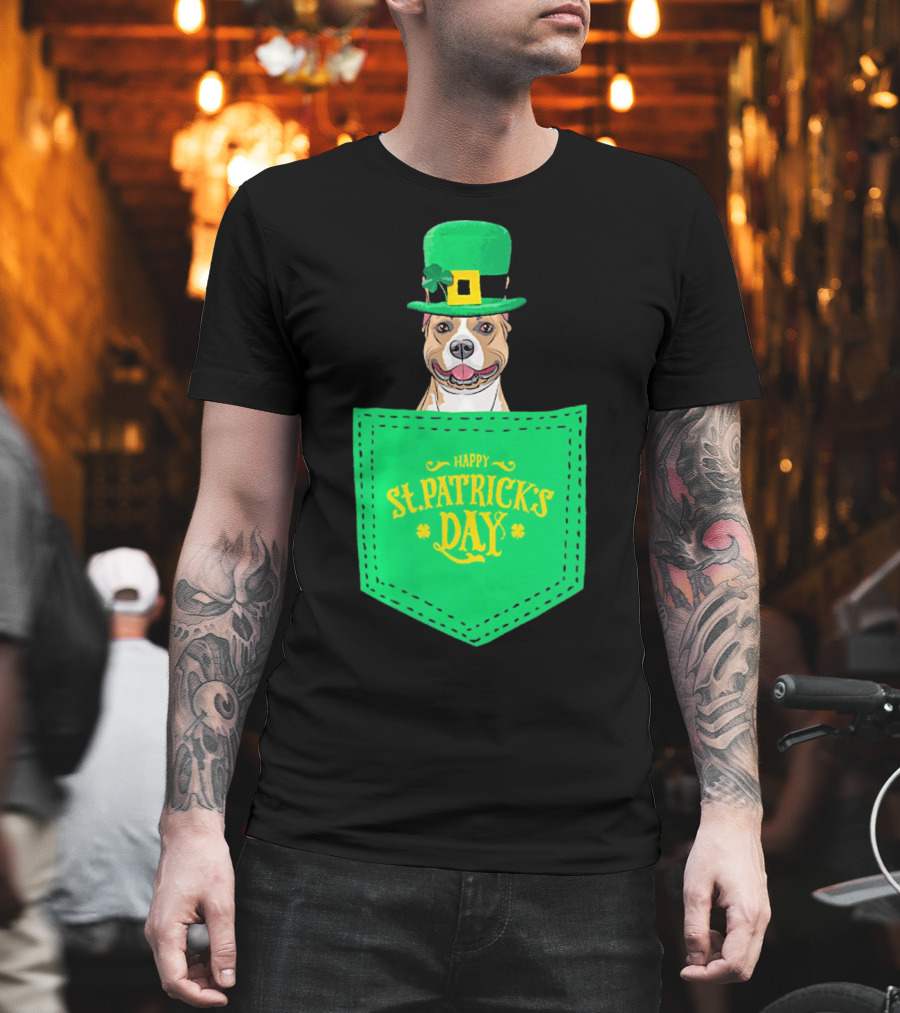 Happy St. Patrick's Day Pitbull Dog In Pocket T-Shirt