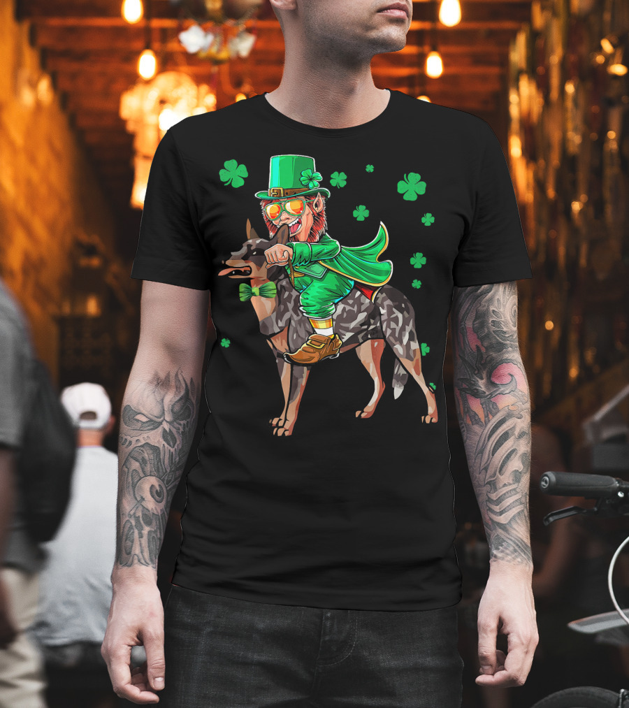 Leprechaun Riding Australian Cattle Dog with Shamrocks T-Shirt