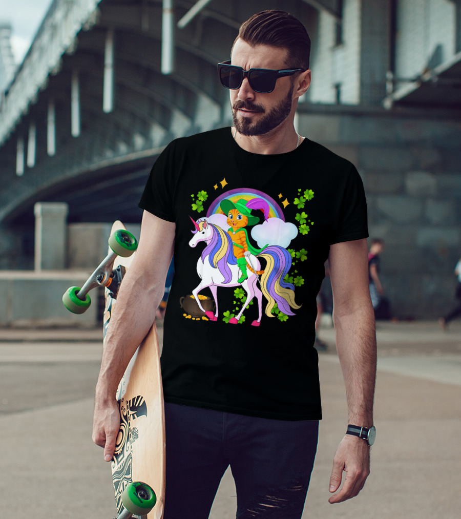Leprechaun Cat Riding Unicorn With Rainbow And Shamrocks St Patrick Pot Of Gold T-Shirt