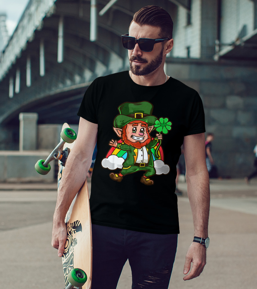 St Patricks Happy Leprechaun Holding Shamrock With Rainbow And Clouds T-Shirt