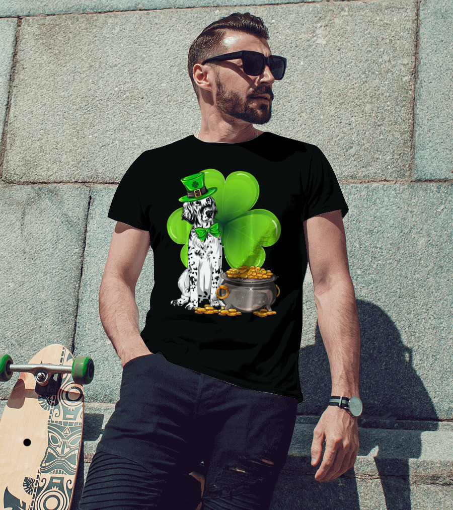 English Setter St Patricks Day Leprechaun Dog With Clover And Pot Of Gold T-Shirt