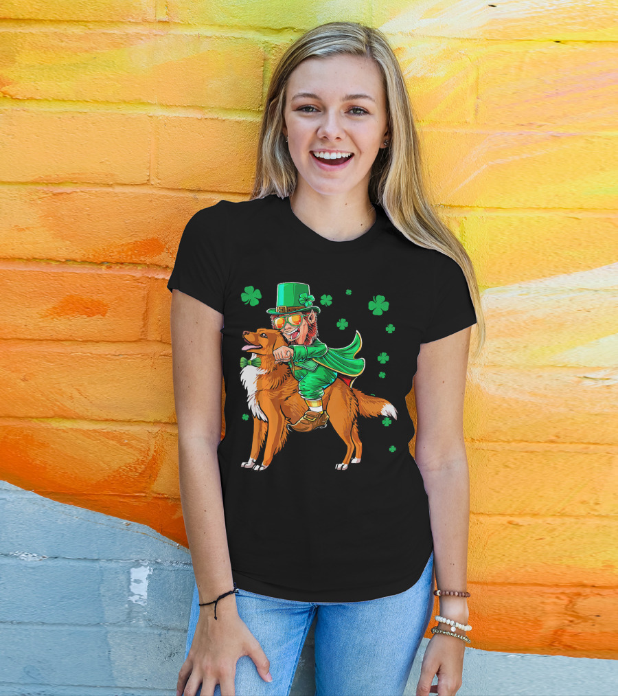 Leprechaun Riding Nova Scotia Duck Tolling Retriever With Shamrocks T-Shirt