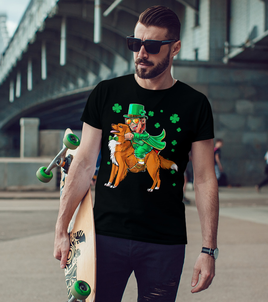 Leprechaun Riding Nova Scotia Duck Tolling Retriever With Shamrocks T-Shirt