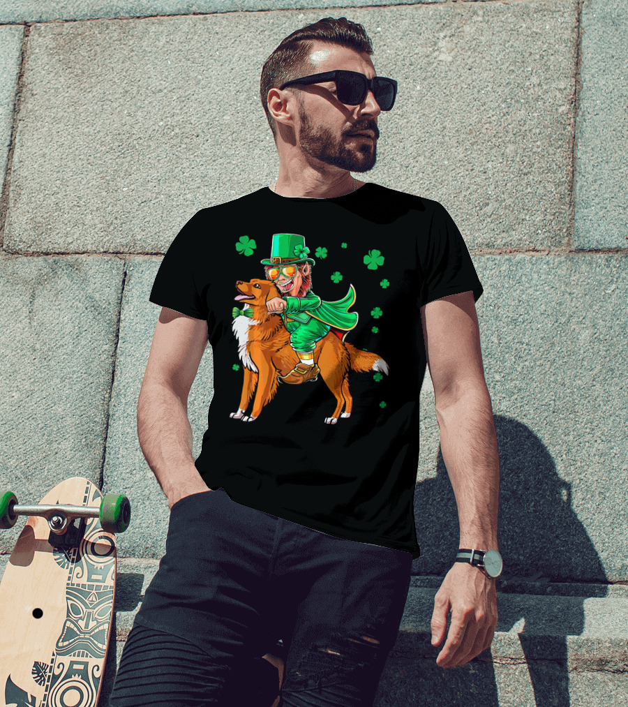 Leprechaun Riding Nova Scotia Duck Tolling Retriever With Shamrocks T-Shirt