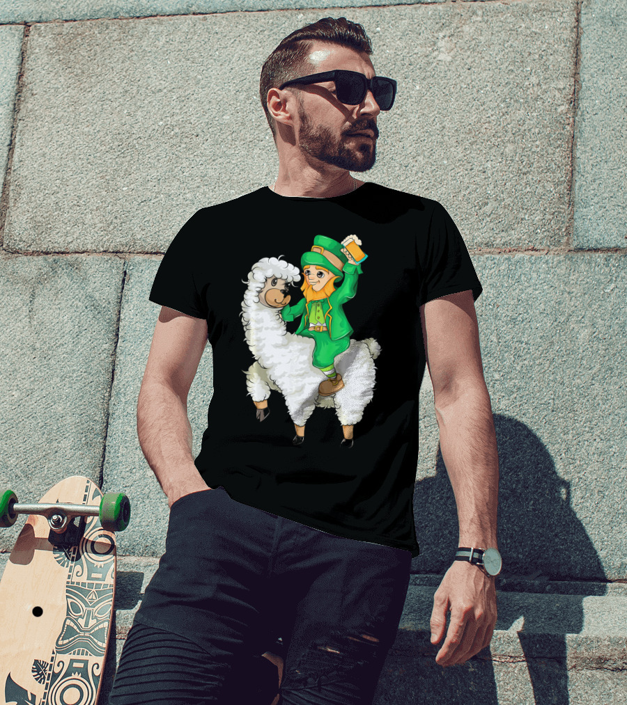 Leprechaun In Green Suit Riding White Fluffy Llama With Beer On St. Patrick's Day T-Shirt