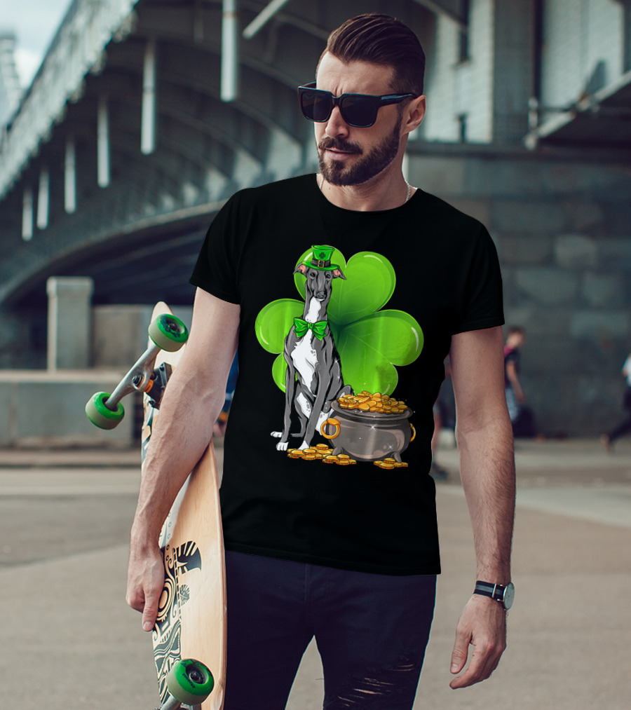 Greyhound St Patricks Day Leprechaun Dog With Shamrock And Pot Of Gold T-Shirt