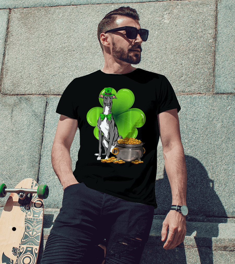 Greyhound St Patricks Day Leprechaun Dog With Shamrock And Pot Of Gold T-Shirt