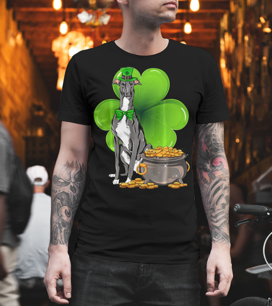 Greyhound St Patricks Day Leprechaun Dog With Shamrock And Pot Of Gold T-Shirt