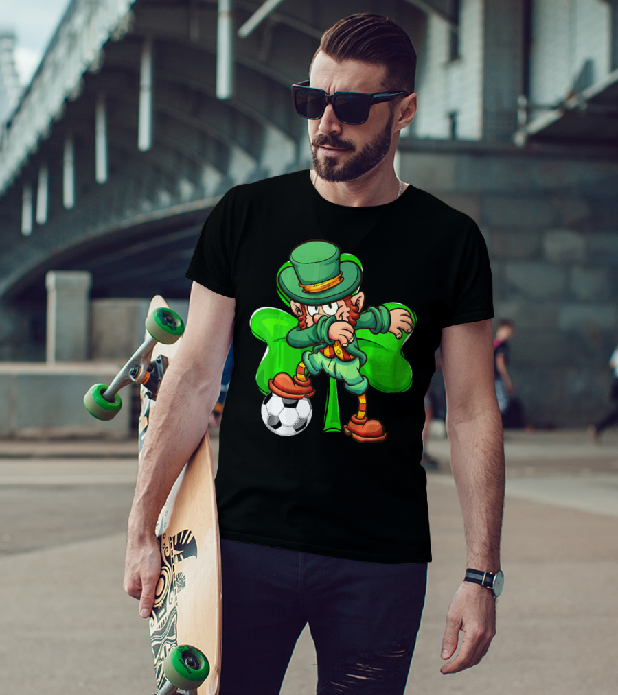 Dabbing Leprechaun Kicking Soccer Ball With Shamrock Background T-Shirt