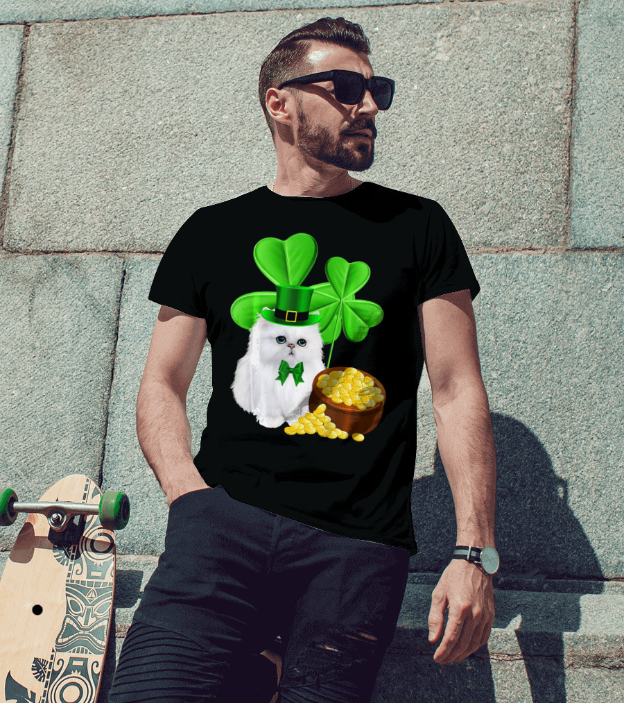 Persian Cat With Leprechaun Hat And Shamrocks St Patricks Day T-Shirt