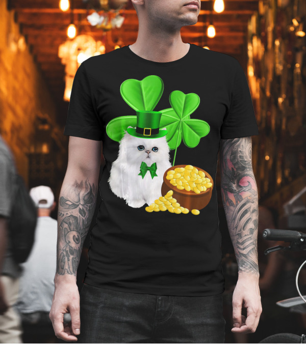 Persian Cat with Leprechaun Hat and Shamrocks St Patricks Day T-Shirt Persian Cat with Leprechaun Hat and Shamrocks St Patricks Day T-Shirt