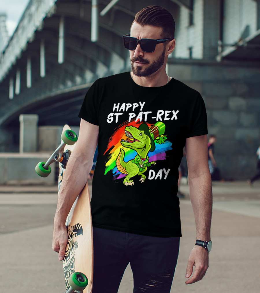 Happy St Pat Rex Day Cute St Patrick Dinosaur Rainbow T-Shirt