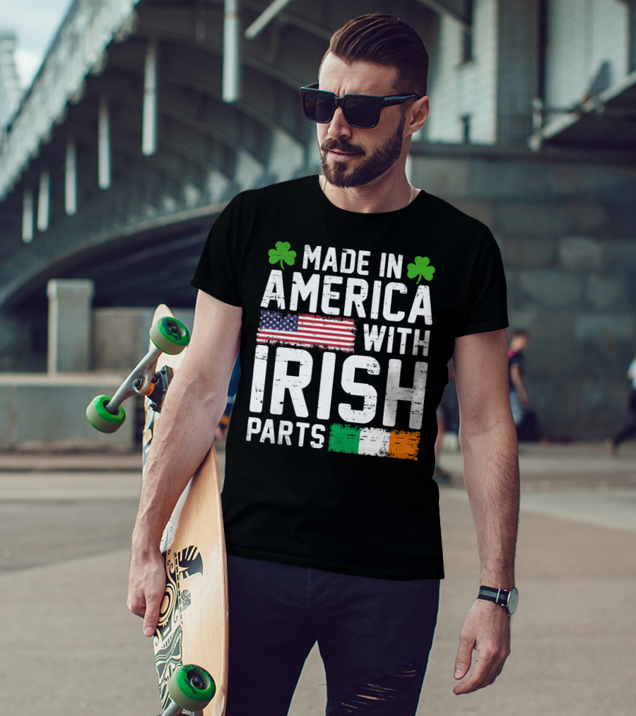 Made In America With Irish Parts Shamrock Flag Print T-Shirt