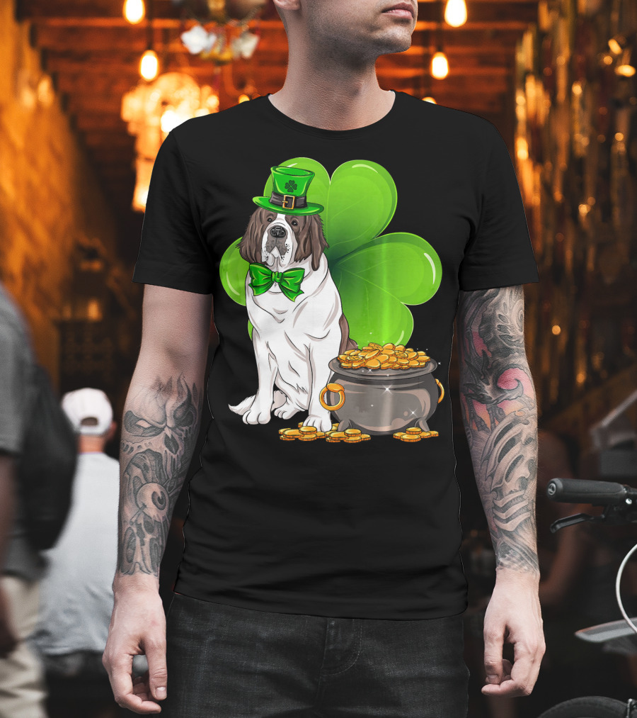 Saint Bernard Leprechaun St Patricks Day Pot Of Gold Clover T-Shirt