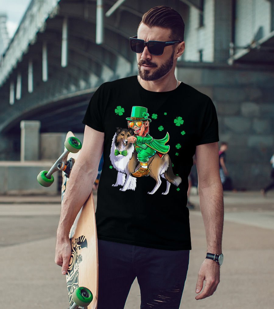 Leprechaun Riding Collie With Shamrocks For St. Patrick's Day T-Shirt
