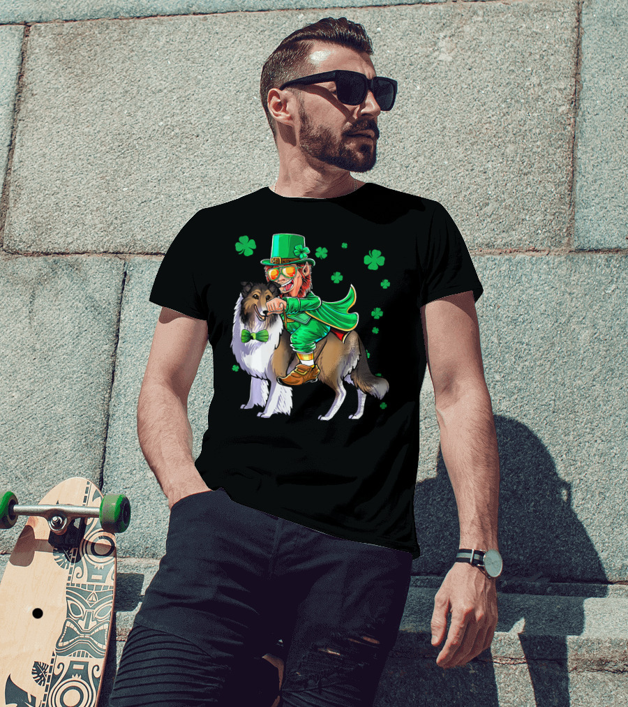 Leprechaun Riding Collie With Shamrocks For St. Patrick's Day T-Shirt