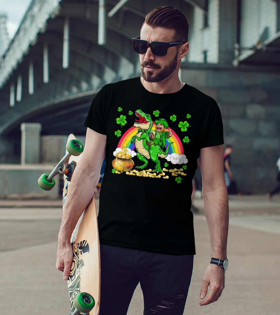 Leprechaun Riding Dinosaur With Rainbow And Pot Of Gold T-Shirt