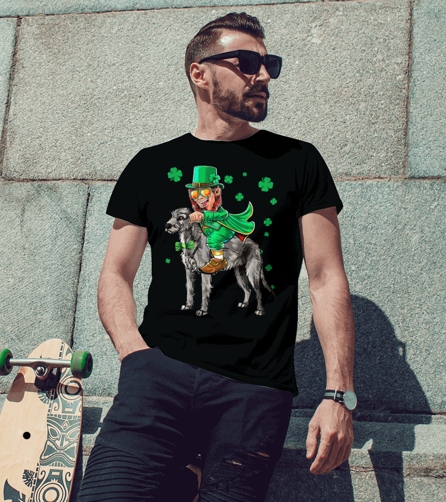 Leprechaun Riding Irish Wolfhound With Shamrock Symbols T-Shirt