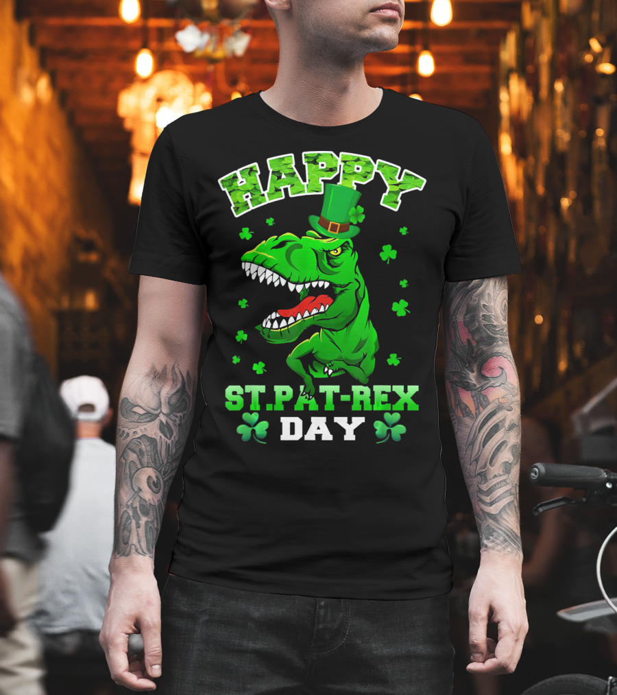 Happy St. Pat-Rex Day Dinosaur with Shamrocks T-Shirt