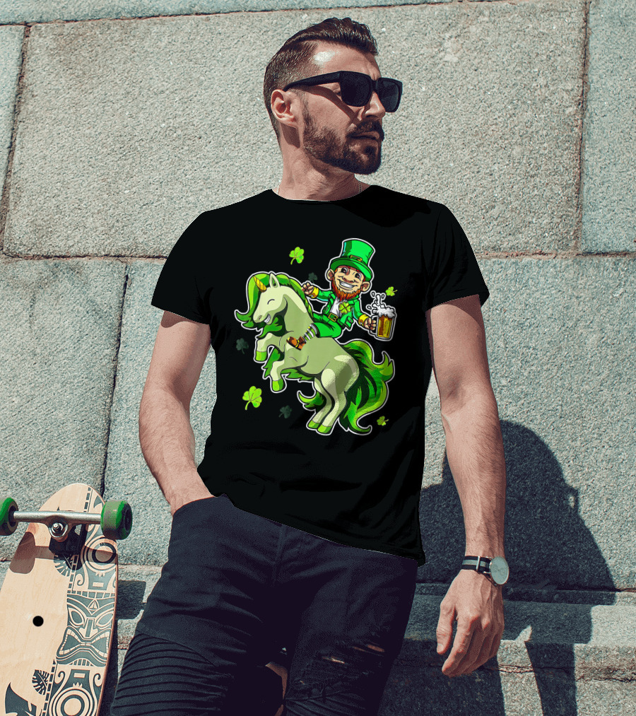 Leprechaun Riding A Green Unicorn Holding Beer With Shamrocks T-Shirt