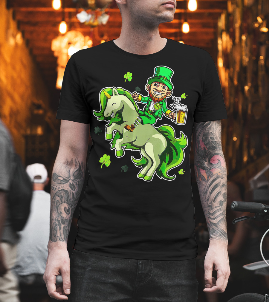 Leprechaun Riding A Green Unicorn Holding Beer With Shamrocks T-Shirt