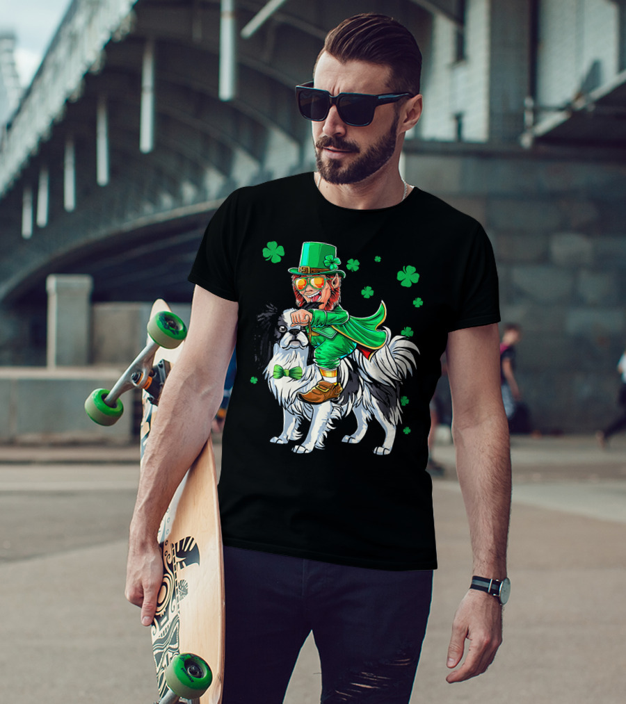 Leprechaun Riding Japanese Chin With Shamrock Clovers T-Shirt