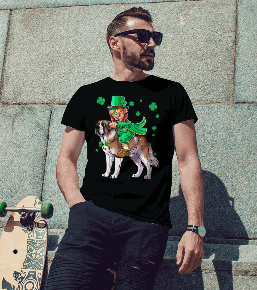 Leprechaun Riding Saint Bernard With Shamrocks T-Shirt