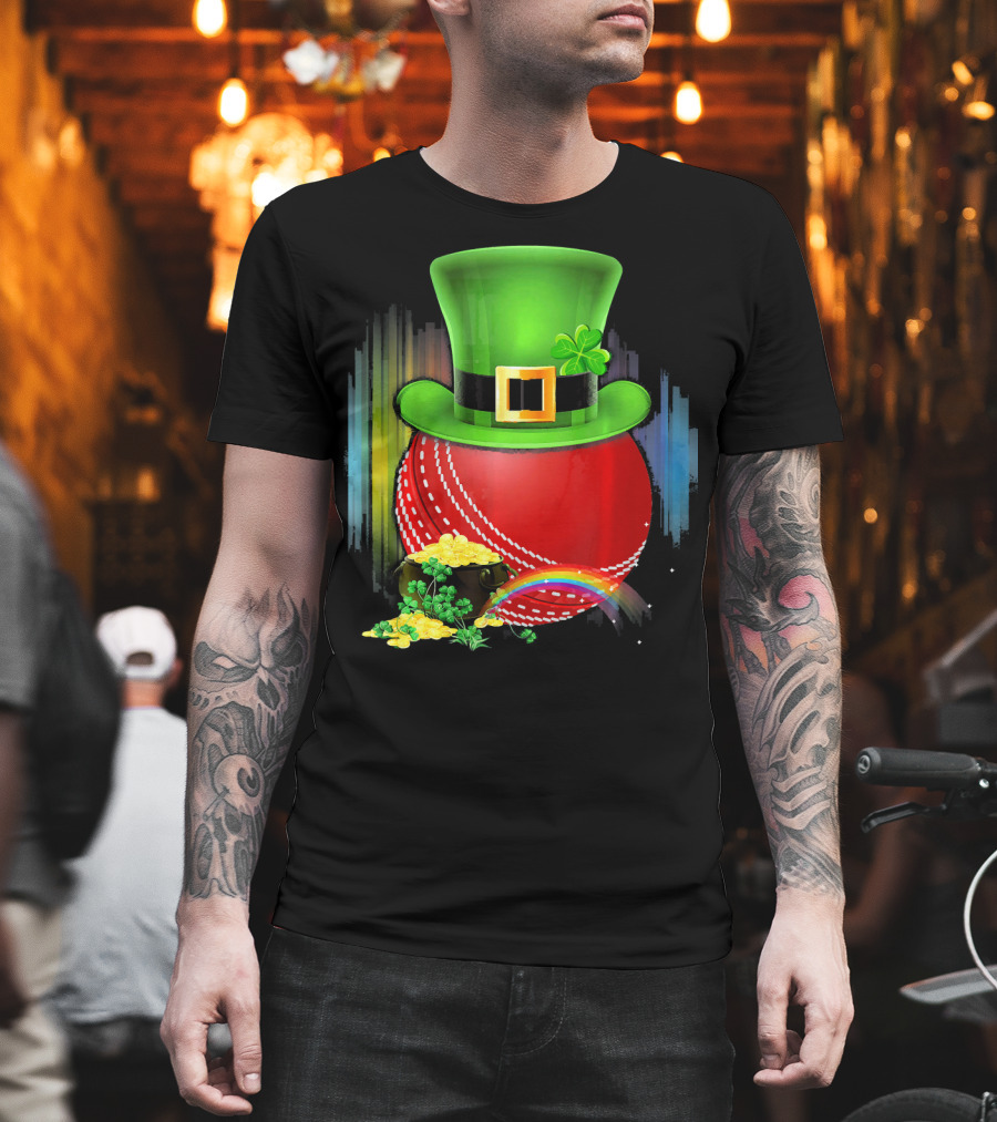 Cricket Ball Leprechaun Hat Rainbow Coin Saint Patricks T-Shirt