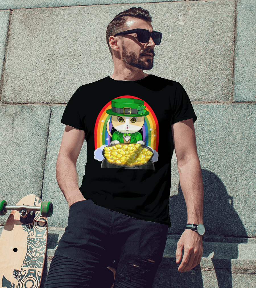 Exotic Cat Leprechaun Pot Of Gold Rainbow Happy St Patricks T-Shirt