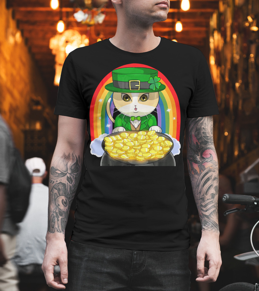 Exotic Cat Leprechaun Pot Of Gold Rainbow Happy St Patricks T-Shirt