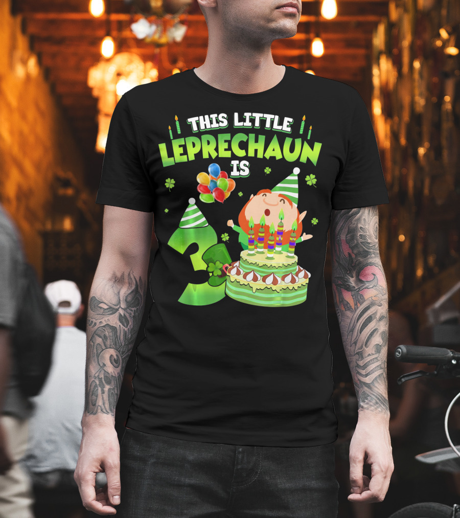 This Little Leprechaun Is 3 Birthday Celebration with Cake and Balloons T-Shirt