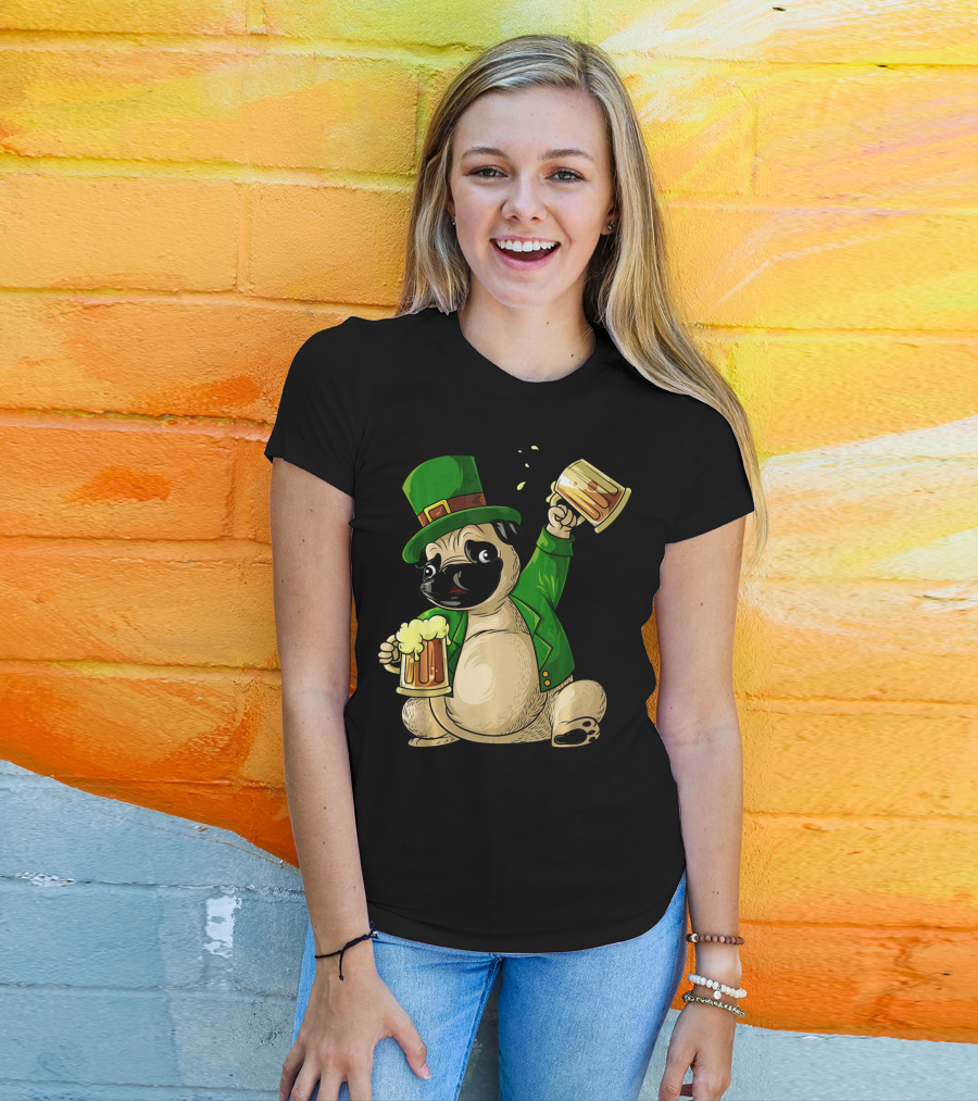 Irish Leprechaun Pug With Beer Mugs T-Shirt