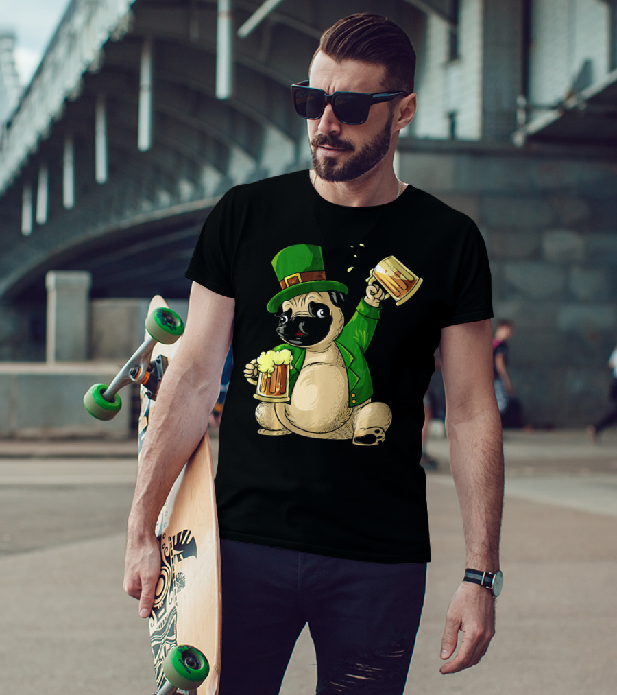 Irish Leprechaun Pug With Beer Mugs T-Shirt