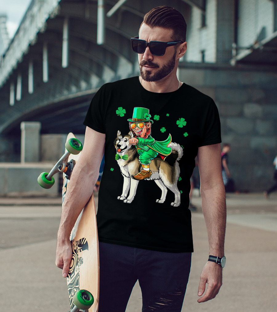Leprechaun Riding Alaskan Malamute With Shamrocks T-Shirt