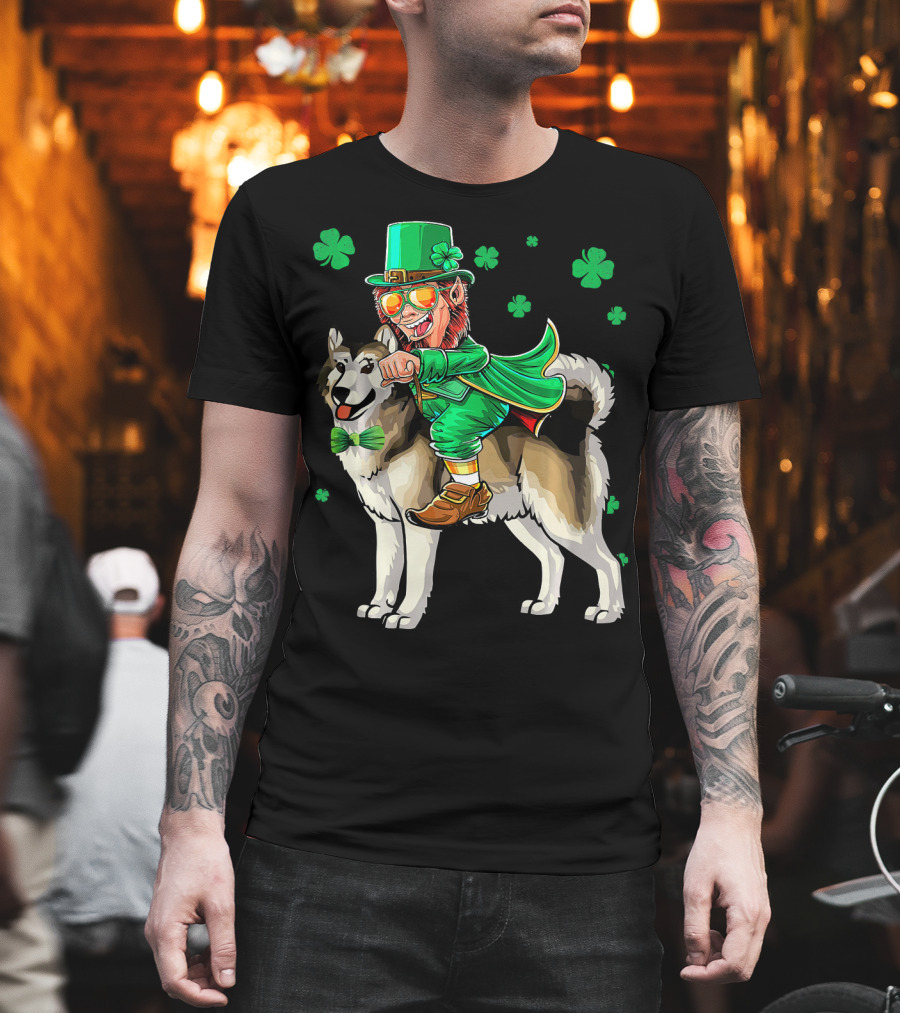 Leprechaun Riding Alaskan Malamute with Shamrocks T-Shirt