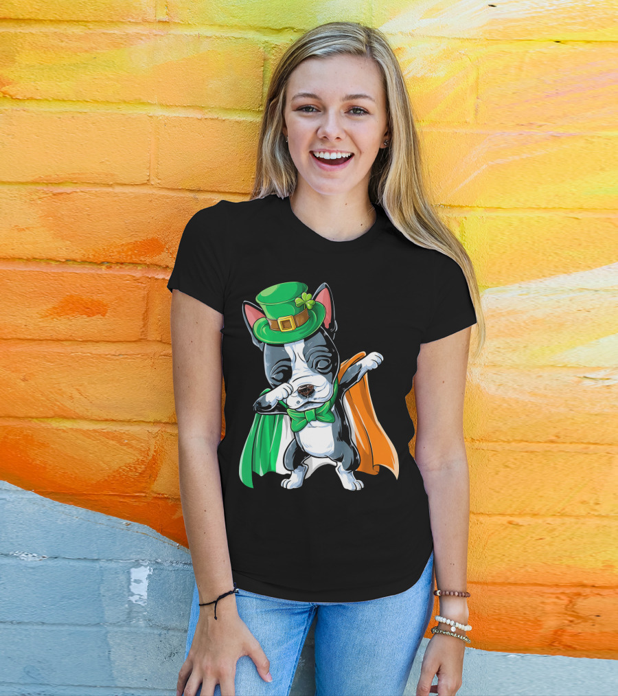 Dabbing Boston Terrier St. Patrick's Day Irish Flag Cape T-Shirt