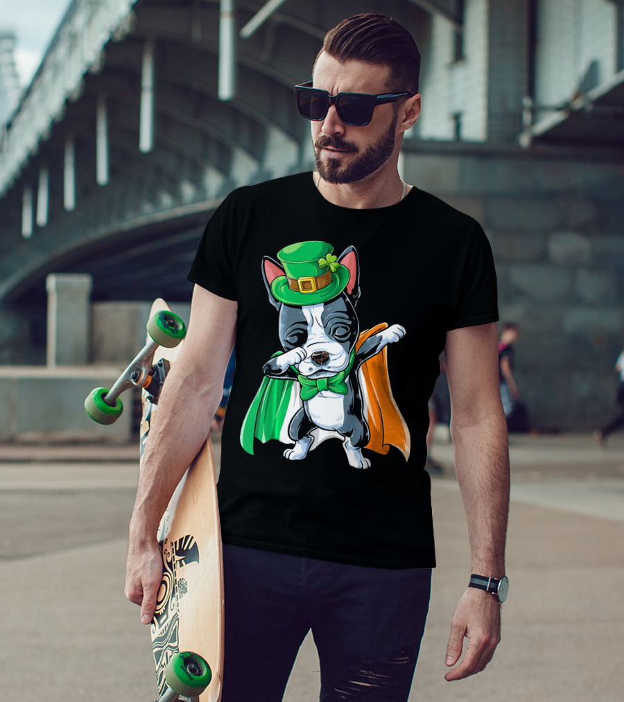 Dabbing Boston Terrier St. Patrick's Day Irish Flag Cape T-Shirt