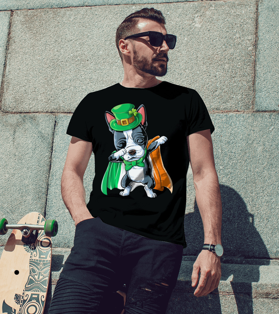 Dabbing Boston Terrier St. Patrick's Day Irish Flag Cape T-Shirt