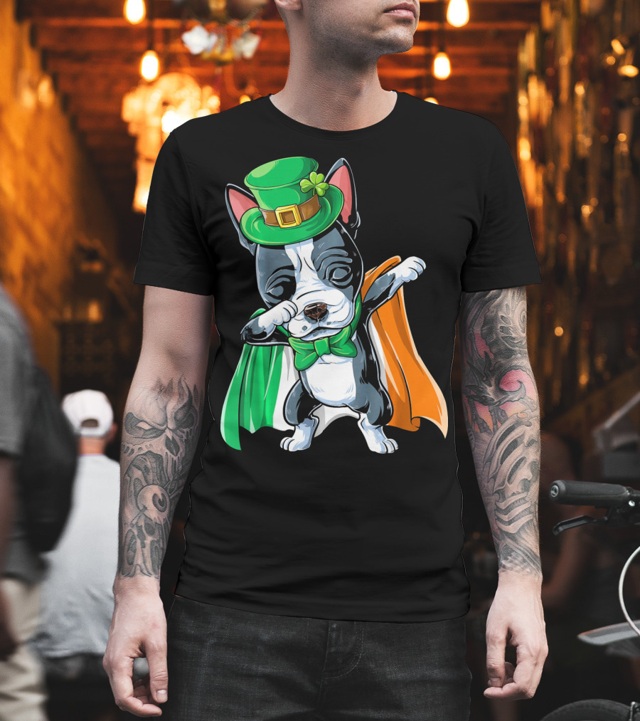 Dabbing Boston Terrier St. Patrick's Day Irish Flag Cape T-Shirt