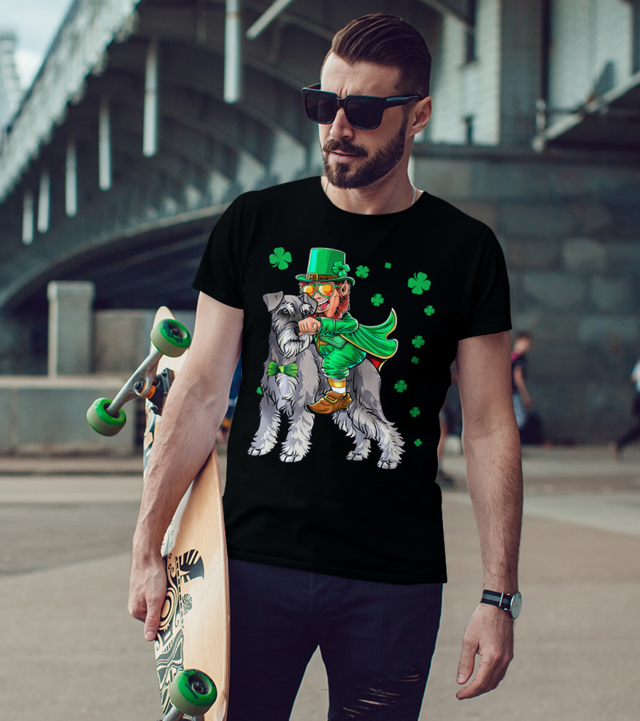 Leprechaun Riding Miniature Schnauzer With Green Shamrocks T-Shirt