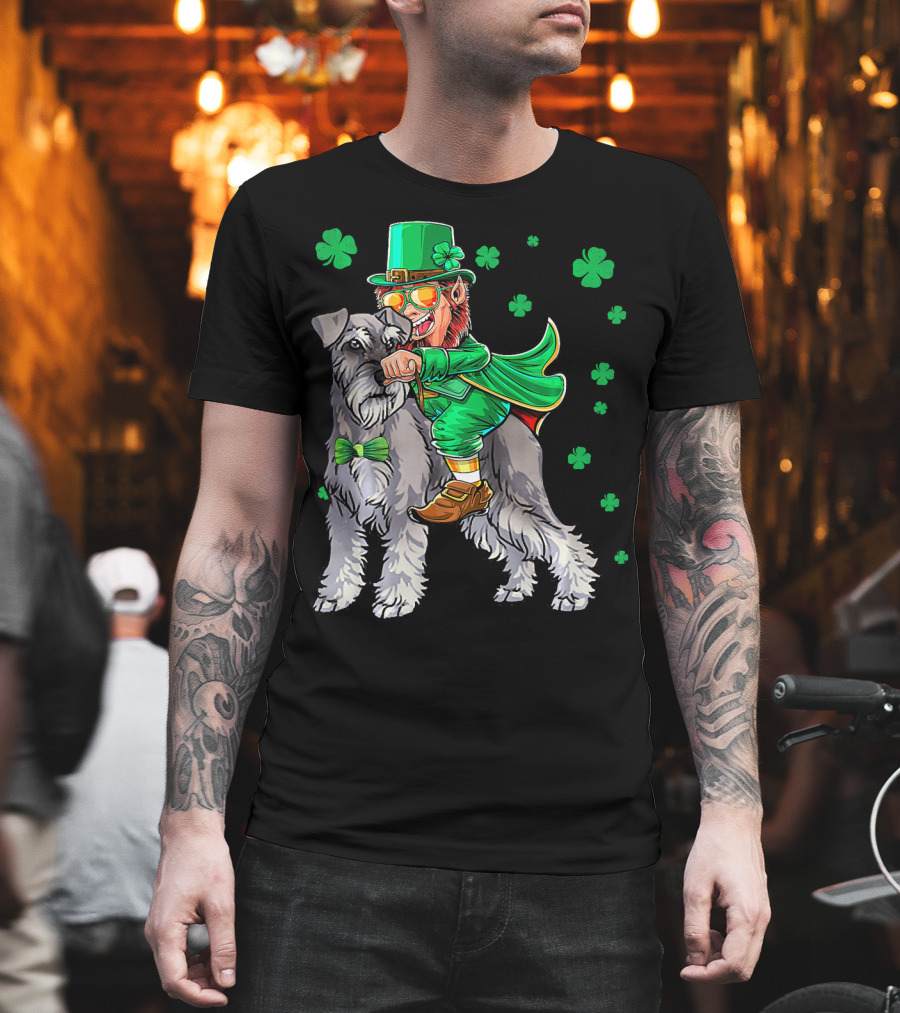 Leprechaun Riding Miniature Schnauzer With Green Shamrocks T-Shirt