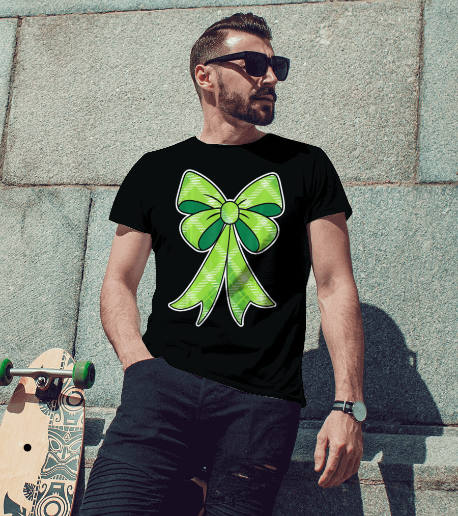 Girls St Patricks Day Green Plaid Bow T-Shirt