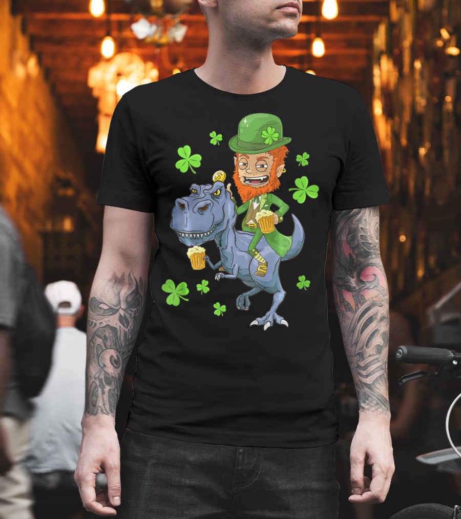 Leprechaun Irish Riding T-Rex Dinosaur with Shamrocks and Beer T-Shirt