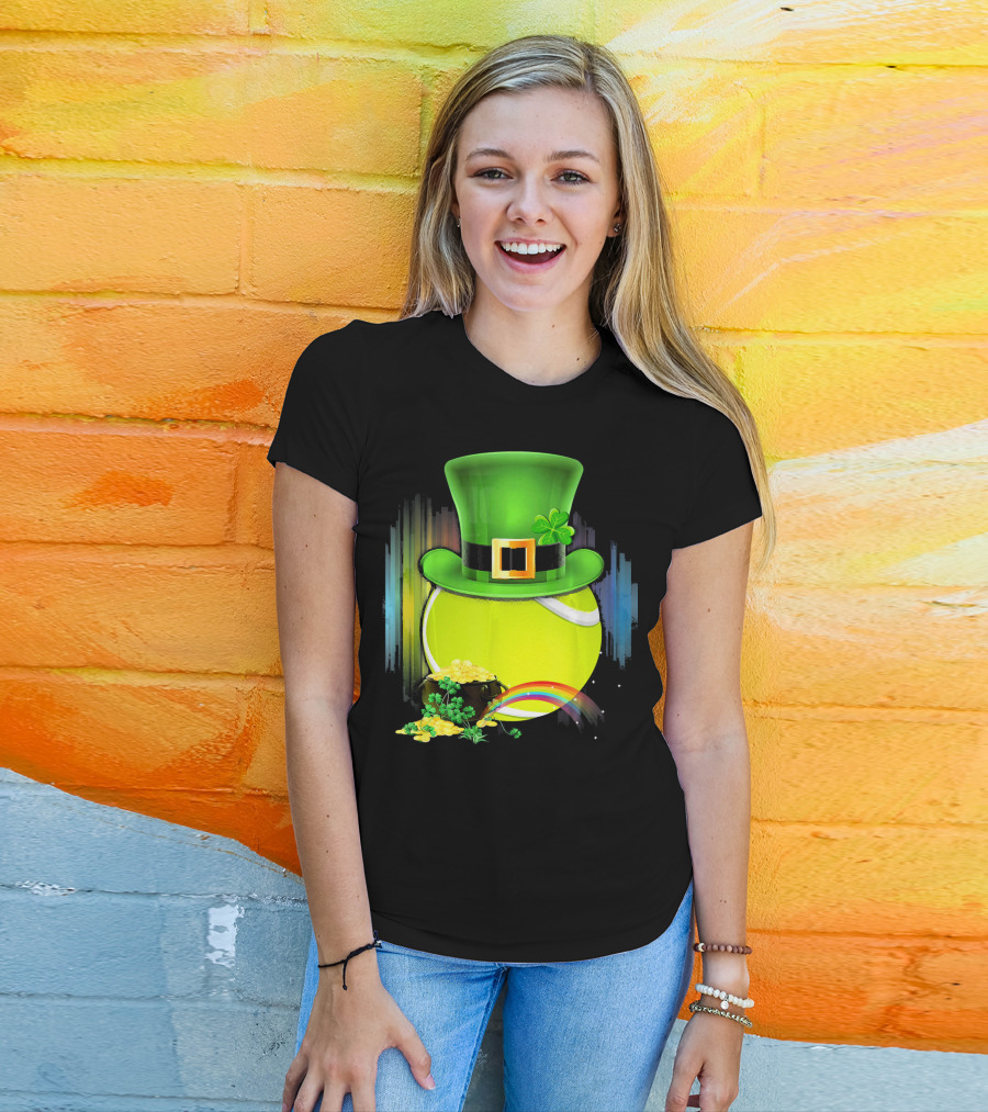 Leprechaun Hat Tennis Ball With Rainbow And Pot Of Gold For Saint Patricks T-Shirt