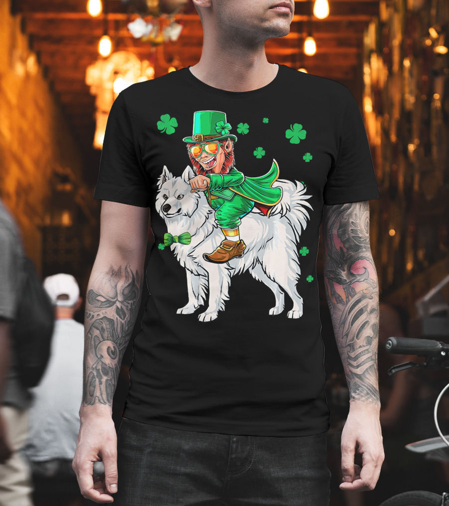 Leprechaun Riding Samoyed with Shamrocks St. Patrick's Day T-Shirt