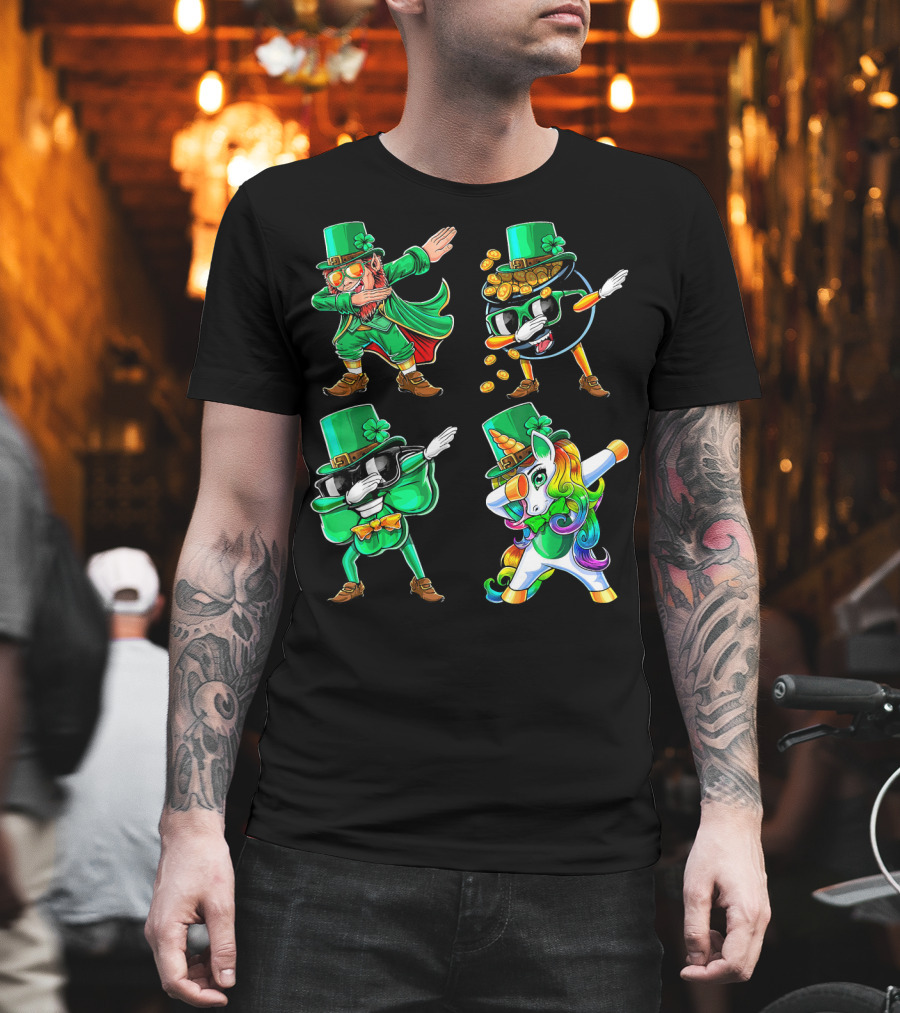 Dabbing Leprechaun Shamrock Unicorn Coin-Throwing Glasses Rabbit T-Shirt
