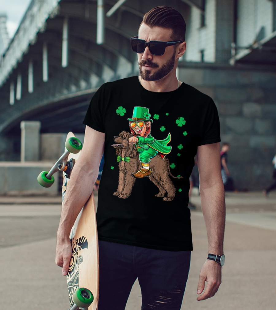 Leprechaun Riding Irish Water Spaniel With Shamrocks T-Shirt