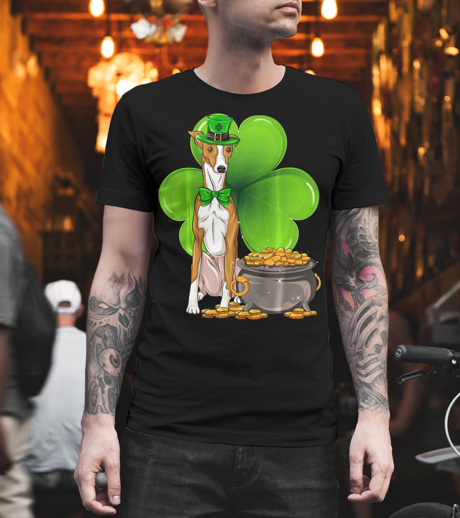 Whippet Leprechaun Dog with Shamrock and Pot of Gold St Patricks Day T-Shirt
